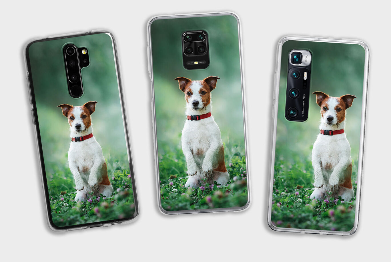Trois coques de téléphone avec un chien dans l'herbe. Le chien est assis et porte un collier rouge.