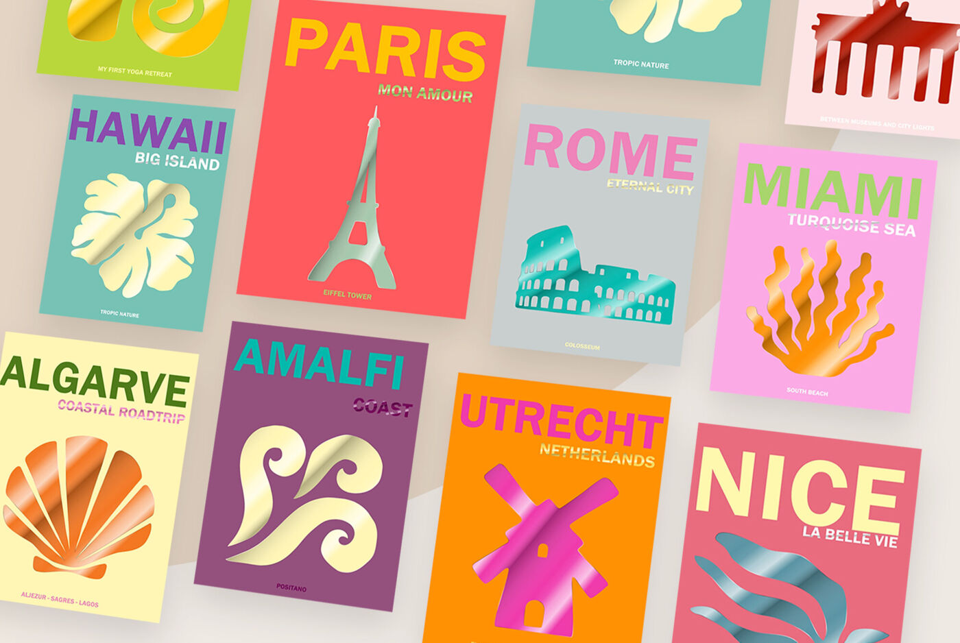 Série d’affiches colorées de destinations comme Paris, Rome, Miami