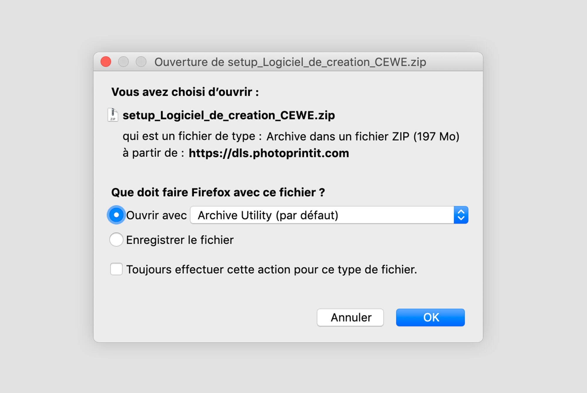Capture d'écran de la sélection de fichiers dans le programme CEWE sur Mac. Options pour ouvrir le fichier ZIP.