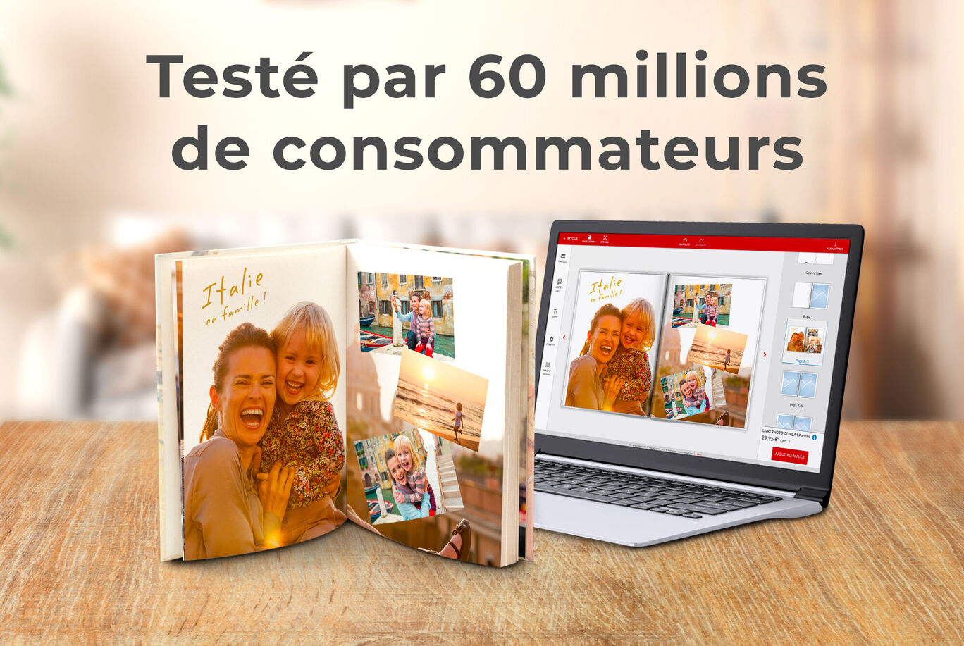 Un album photo ouvert sur une table, avec un ordinateur portable à côté montrant une page photo modifiée.