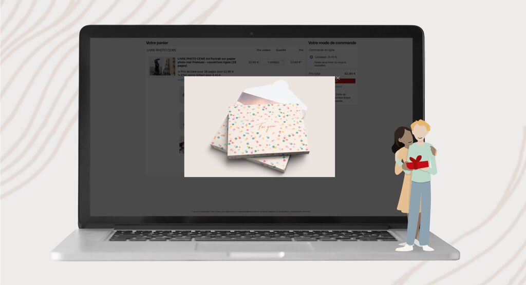 Pochettes cadeaux personnalisées imprimées avec motifs colorés présentées sur un ordinateur portable
