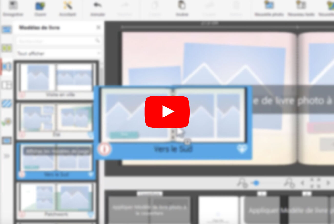 Capture d'écran d'un logiciel avec un bouton vidéo et divers modèles de livres photo.