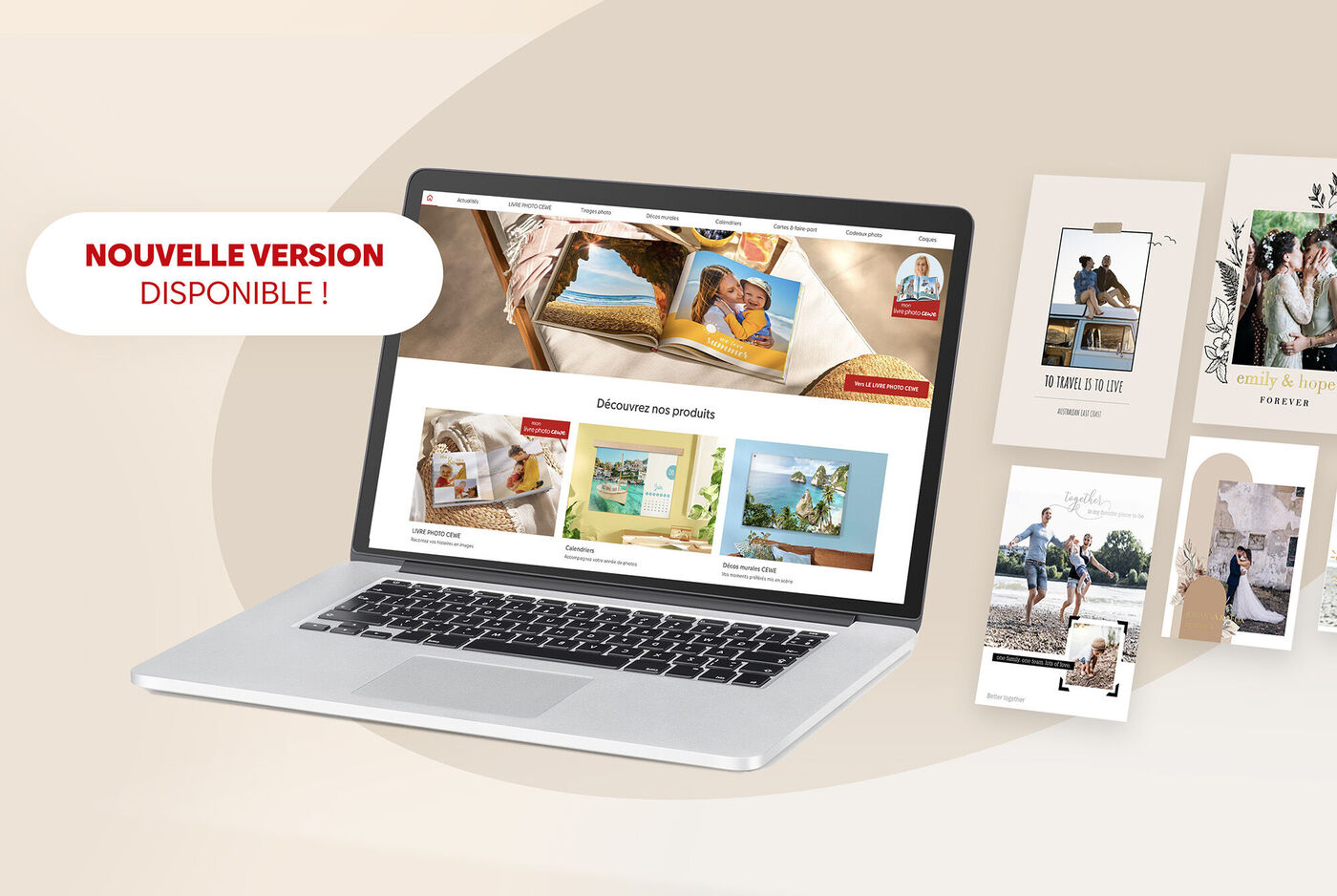 Portable montrant la nouvelle version de l'album photo CEWE avec divers produits photo