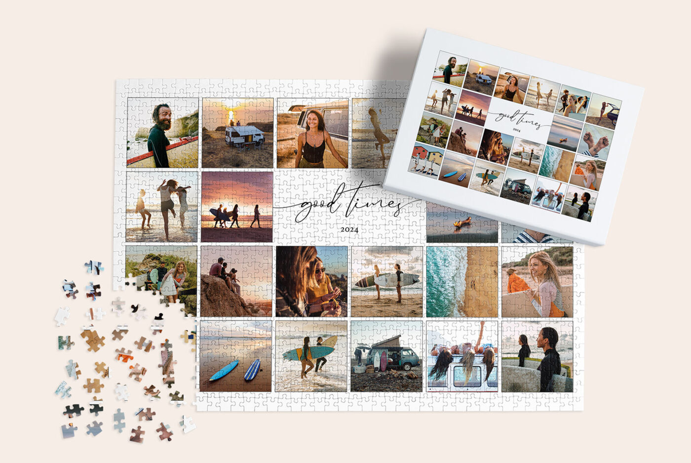 Puzzle personnalisé en collage de souvenirs avec sa boîte assortie