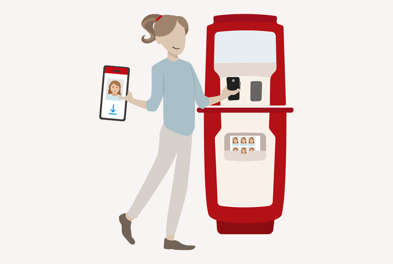 Une femme est à côté d'un réfrigérateur rouge et montre un smartphone avec une image en dessous.