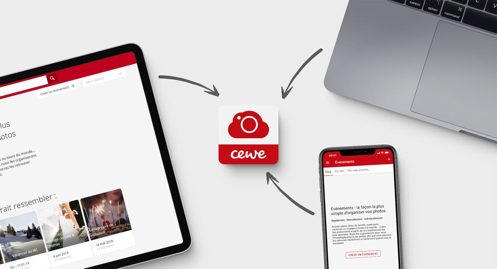 Logo de CEWE, entouré d'une tablette et d'un smartphone, illustrant le partage de photos