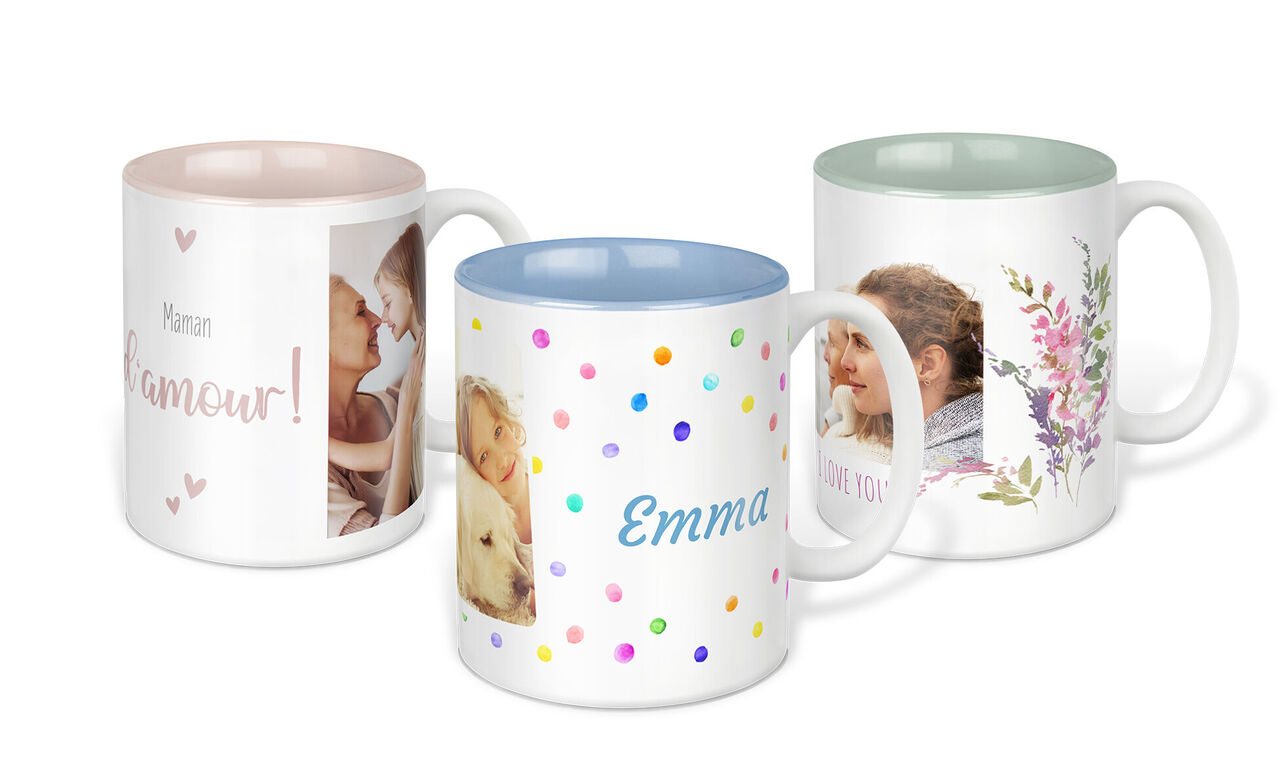 3 mugs personnalisés avec photo, texte et intérieur coloré