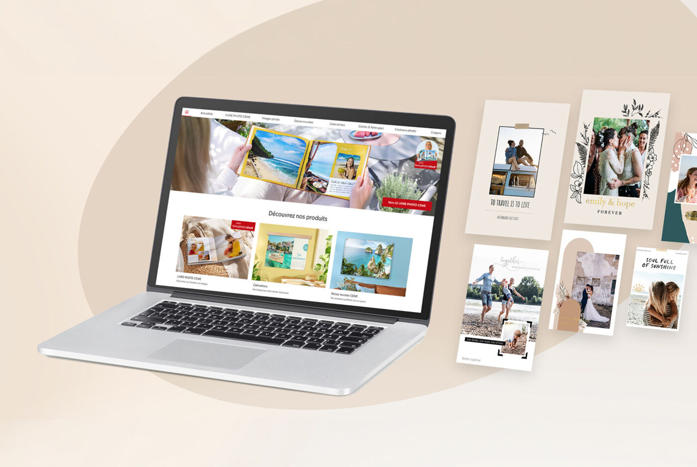 Ordinateur portable affichant un logiciel de création CEWE avec modèles de livres photo et tirages