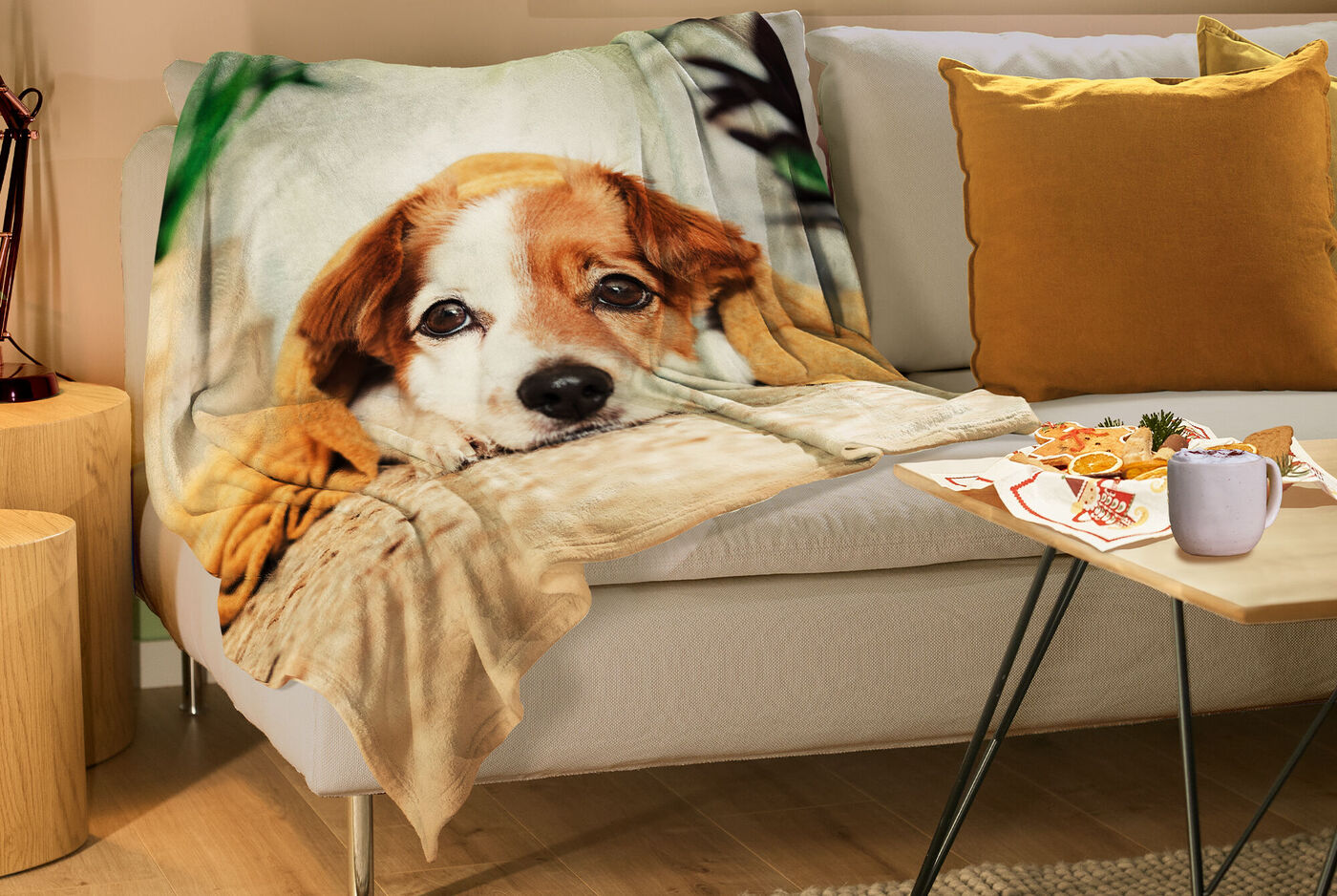 Salle confortable avec une couverture chaude et des collations sur la table.