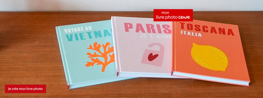 Collection de trois albums photo CEWE colorés, avec couvertures dédiées au Vietnam, à Paris et à la Toscane