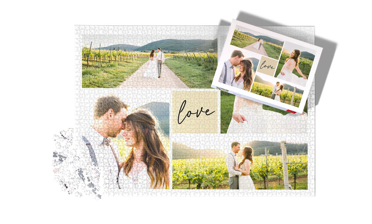 Puzzle personnalisé avec portraits, pièces blanches et boîte assortie