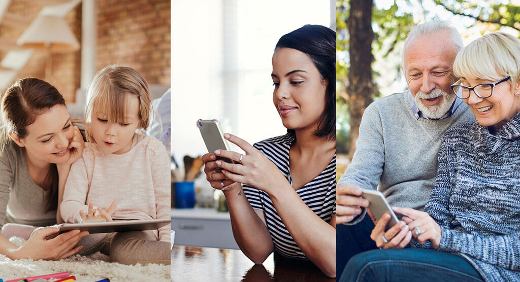 Des membres de la famille profitent de moments ensemble en regardant leurs téléphones.