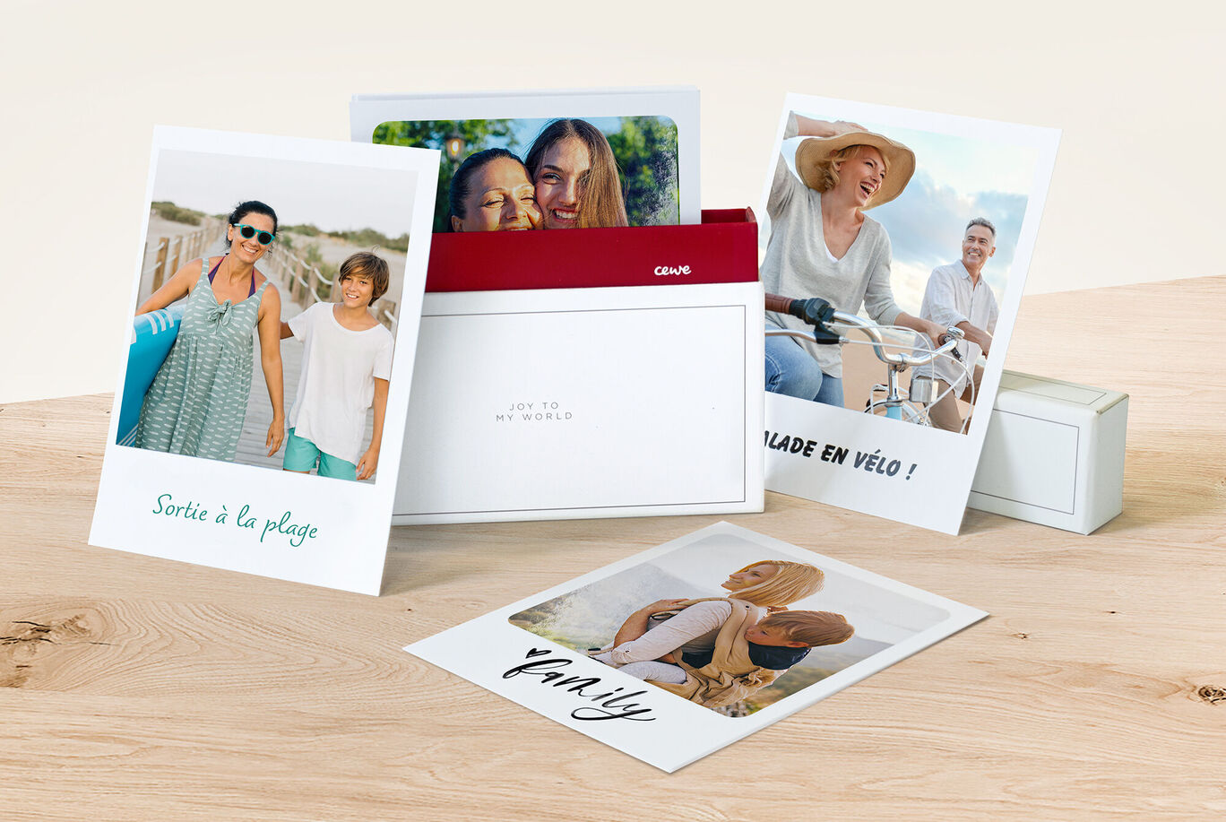 Trois photos montrent des moments joyeux à la plage et en vélo.