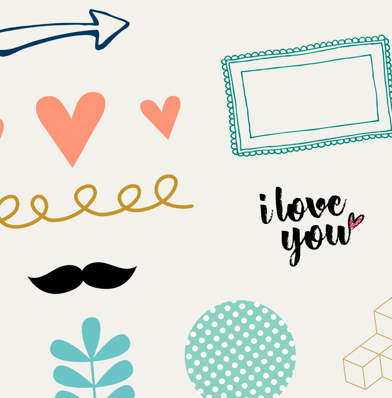 Illustrations colorées avec cœurs, flèches et un cadre.