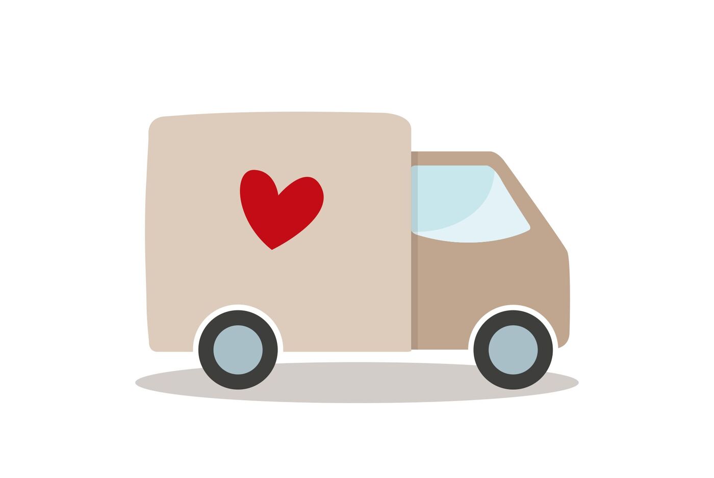 Une camionnette beige avec un cœur rouge sur le côté, roulant joyeusement