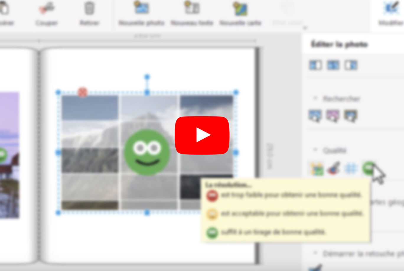 Une capture d'écran du logiciel CEWE montre une galerie photo avec un icône de qualité vert.