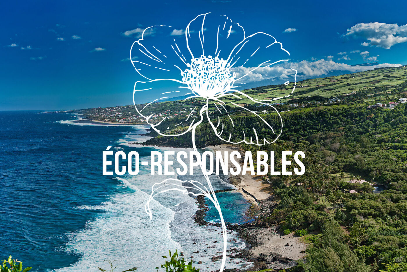 L'image montre un paysage côtier magnifique avec une fleur en avant-plan et le texte 'ÉCO-RESPONSABLES'.