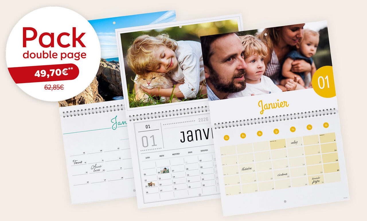 Pack de 3 calendriers photo double-page A3 avec une offre à 49,70 € au lieu de 62,85 €