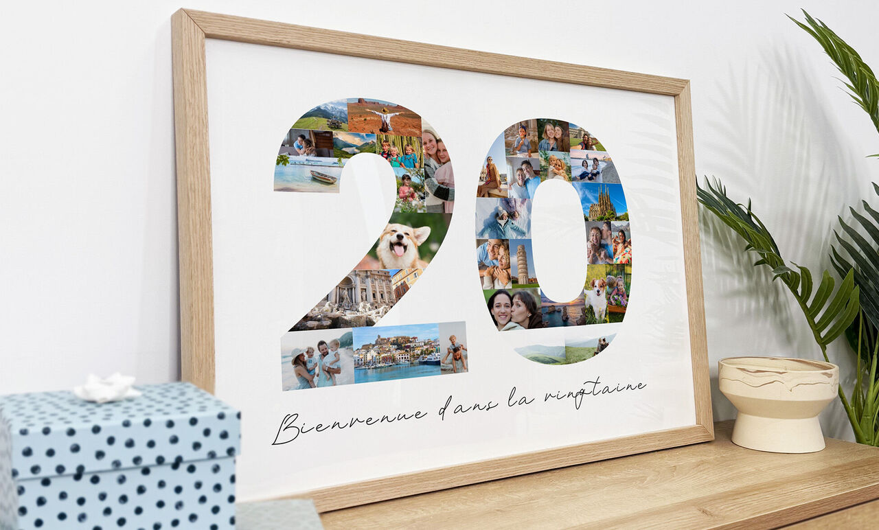 Affiche anniversaire personnalisée avec mosaïque de photos formant le nombre 20 dans un cadre en bois