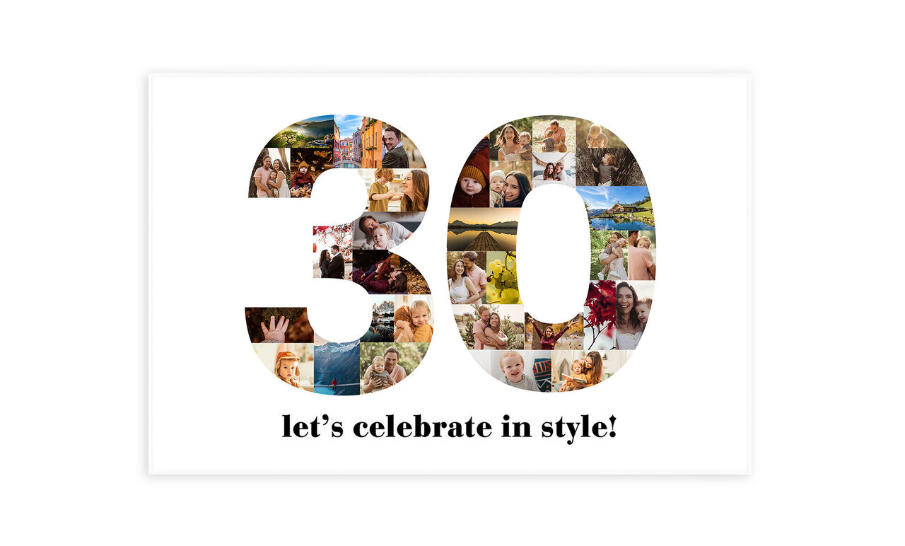 Affiche anniversaire personnalisée avec le nombre 30 en grand rempli de photos