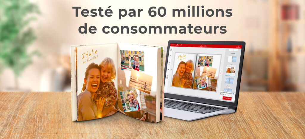 Album photo CEWE et ordinateur portable avec un logiciel de conception.