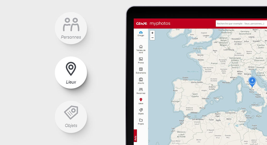 Capture d'écran de l'application CEWE myphotos montrant une carte avec des lieux clés.