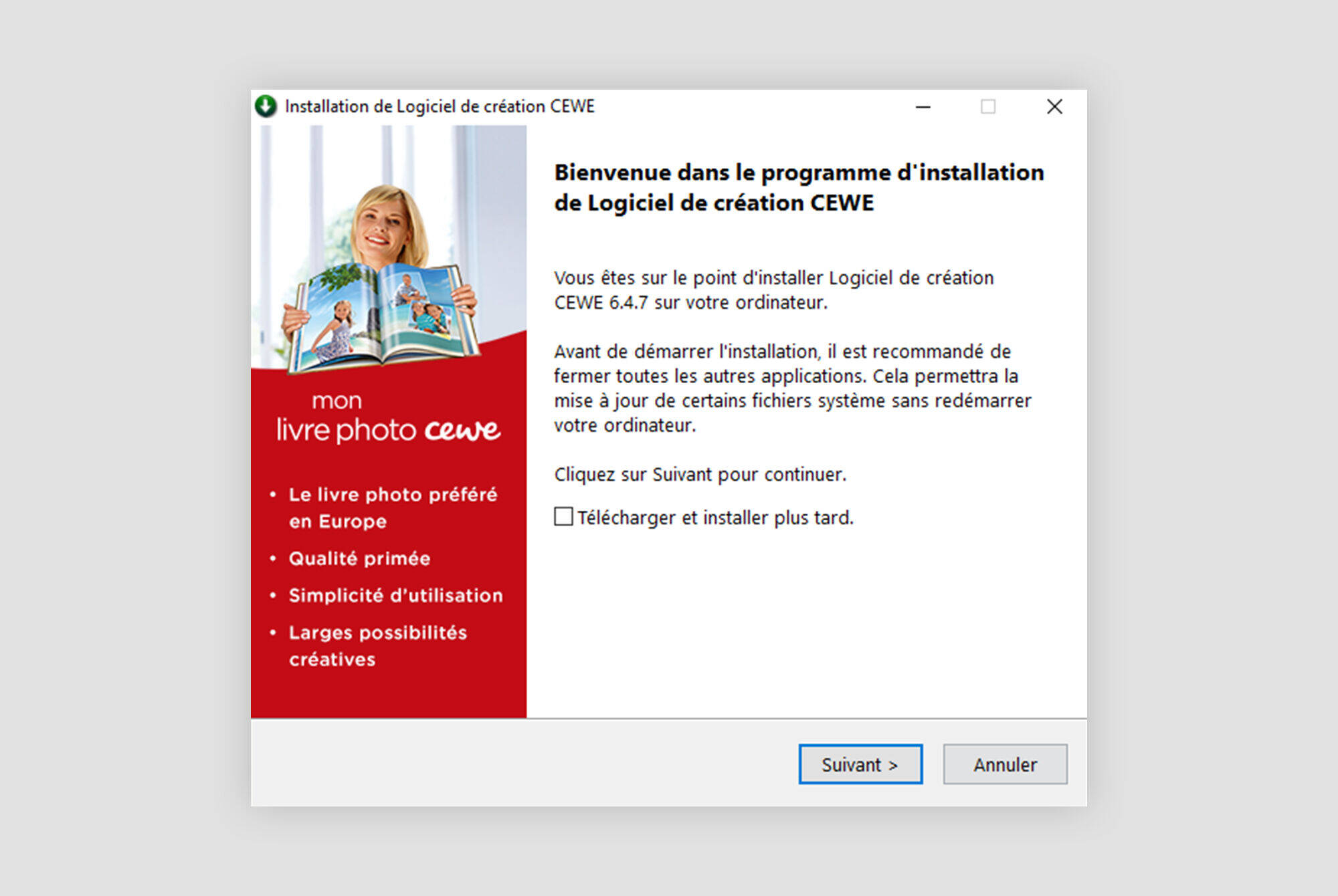 Capture d'écran de l'installation du CEWE Photo Book avec une interface montrant des options d'installation.