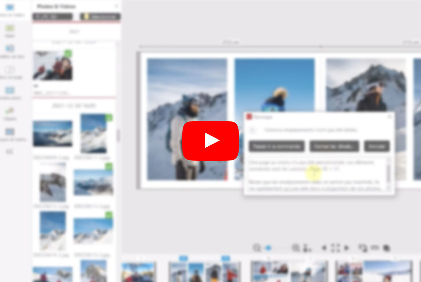 Aperçu de l'éditeur CEWE Fotobook sur ordinateur avec des photos de montagnes.