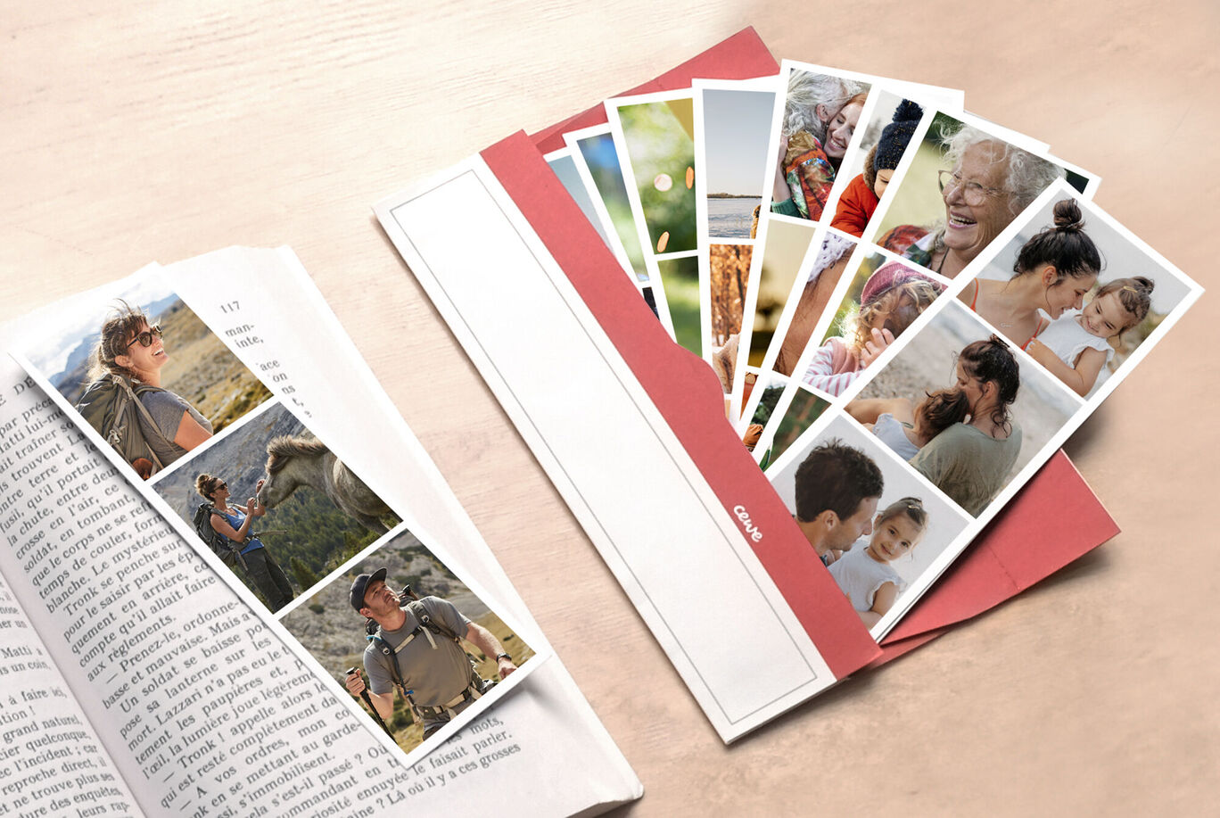 Les cartes de vœux CEWE sont créativement conçues avec de belles images. Elles sont sur un livre ouvert.