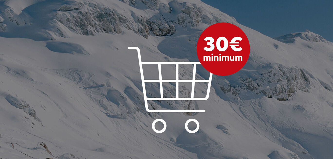 Symbole de chariot sur une montagne enneigée avec le texte '30€ minimum' sur fond rouge