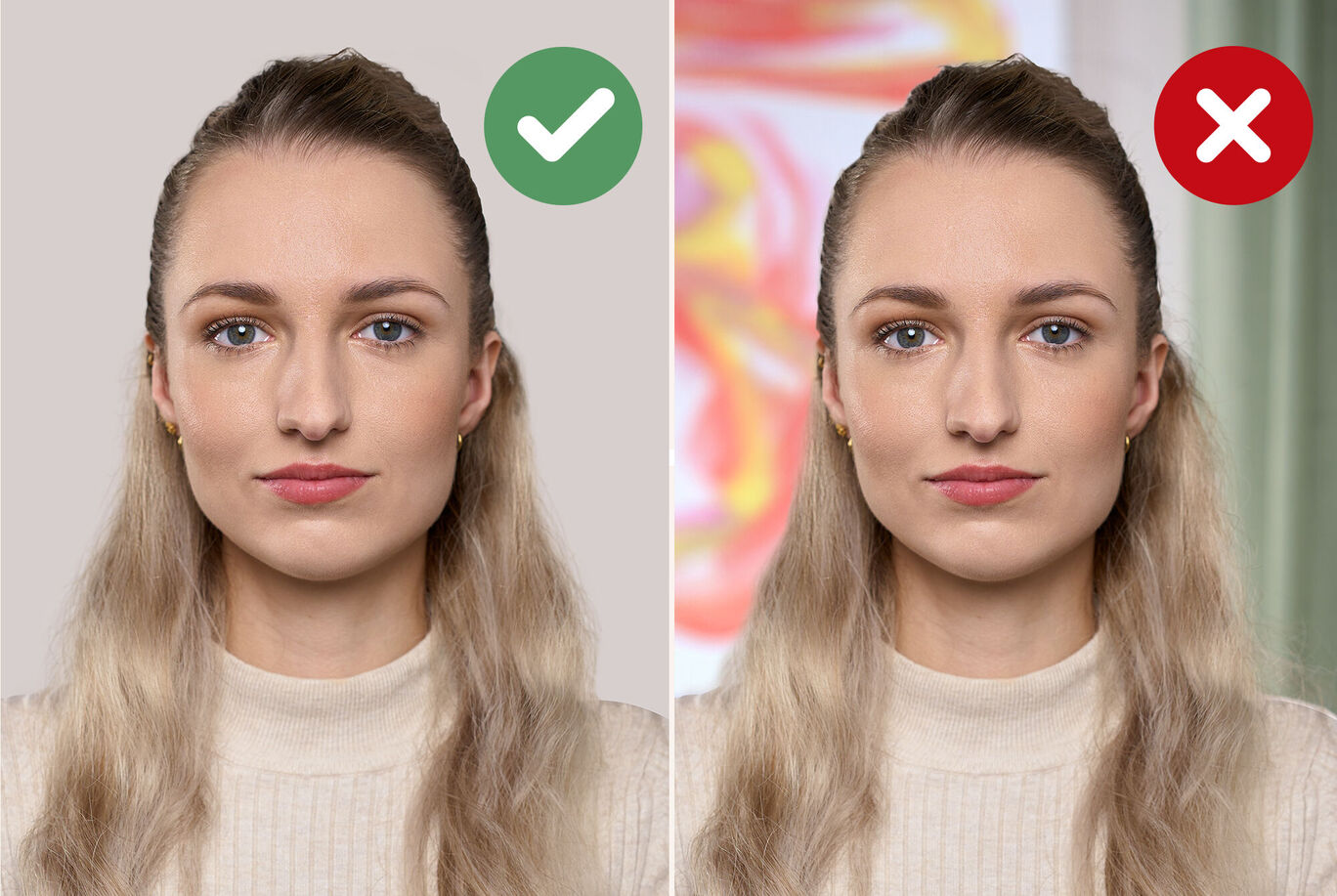 Deux portraits d'une personne avec une coche verte et une croix rouge.