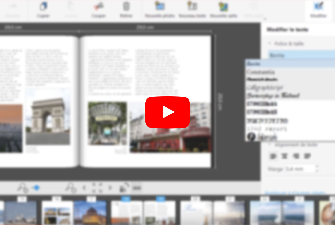Une capture d'écran de l'éditeur CEWE FOTOBUCH avec un livre ouvert et des images en avant.