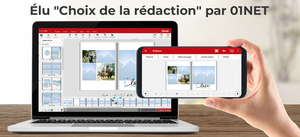 Une personne montre fièrement le logiciel de livre photo CEWE sur un ordinateur portable et un smartphone.