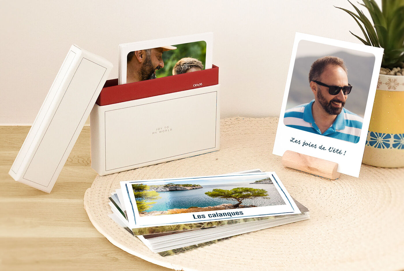 Une disposition créative d'images avec des photos dans un album stylé et une carte.