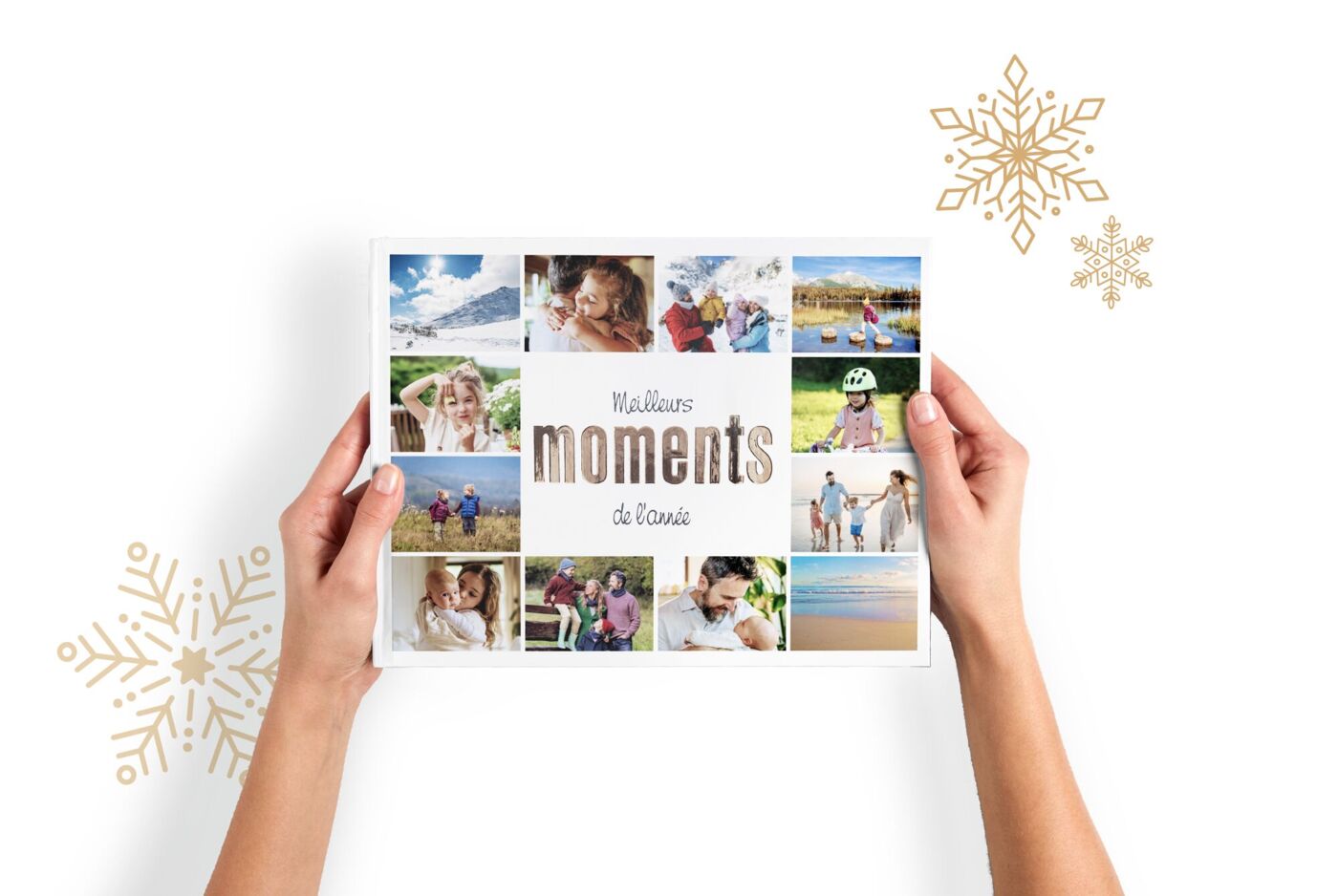 Une personne tient un album photo avec différentes photos de famille.