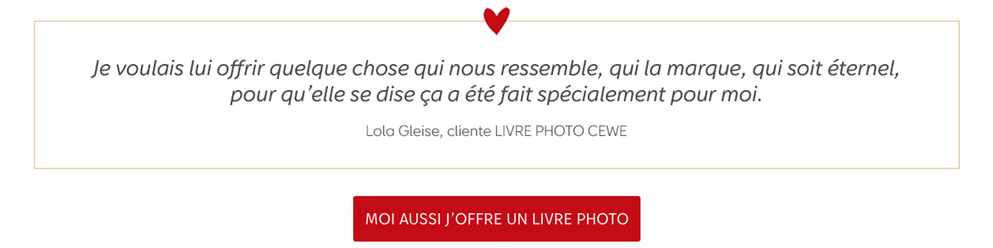 Annonce de citation pour un livre photo personnalisé sur fond rouge avec texte blanc.