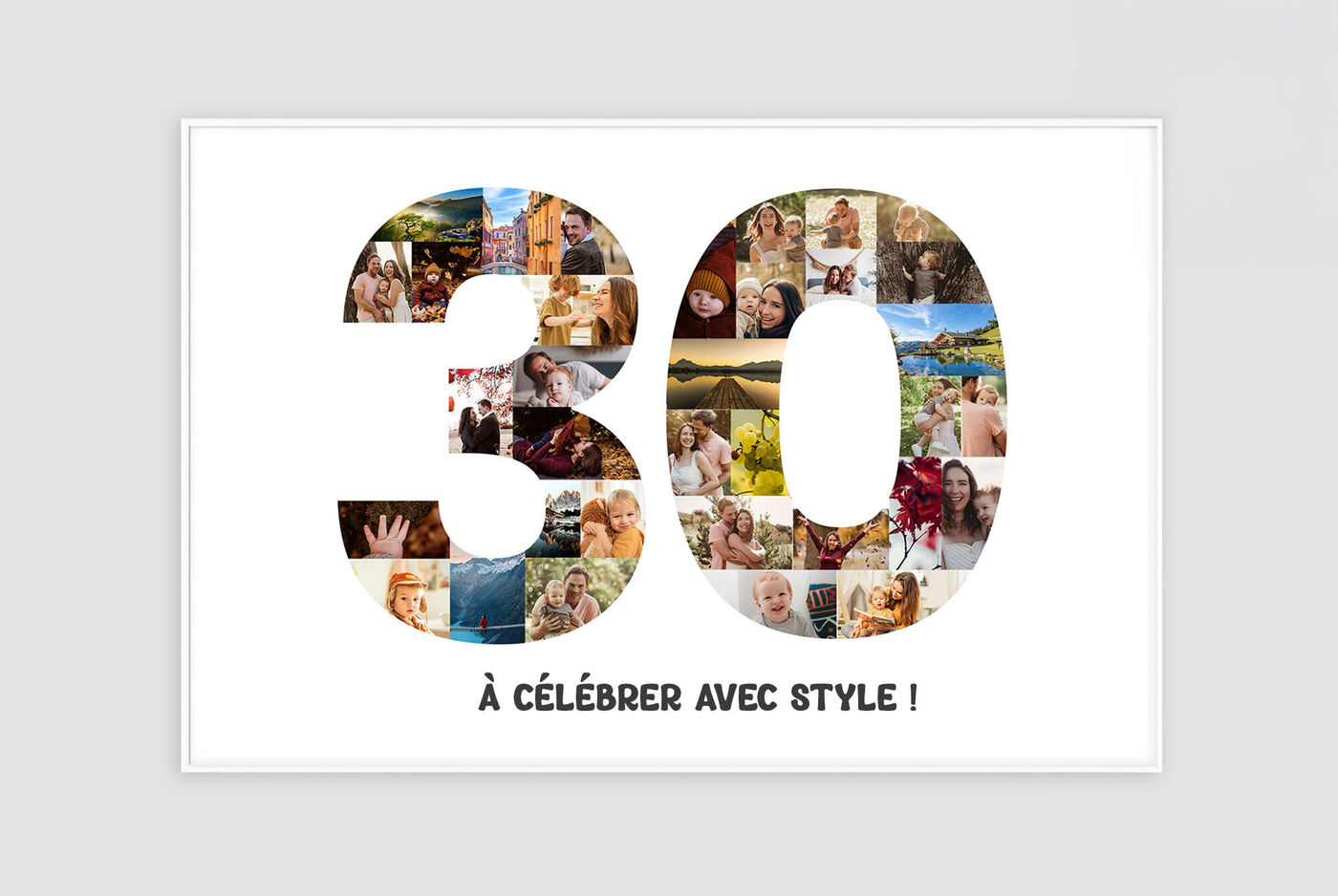 Affiche anniversaire personnalisée avec le nombre 30 en grand rempli de photos