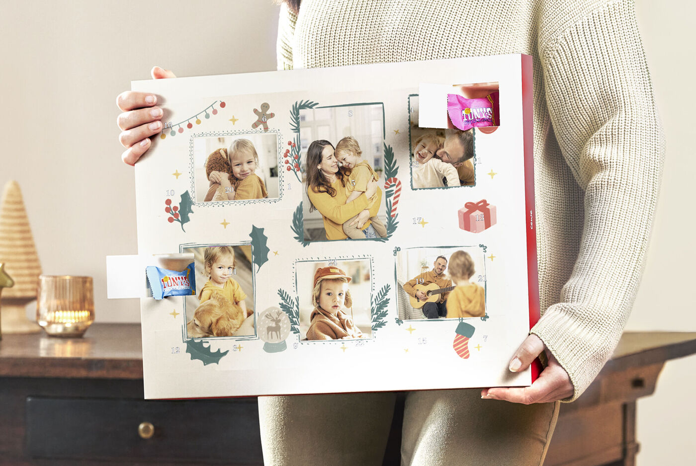 Calendrier de l'Avent personnalisé avec des chocolats Tony's Chocolonely et des photos de famille avec enfants
