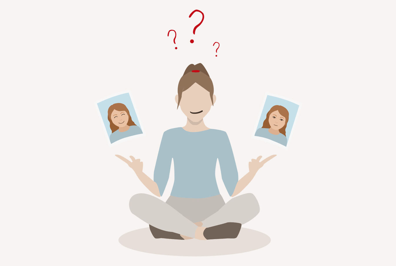 Une femme est en lotus et tient deux images. Elle se demande laquelle choisir, amicale et détendue.