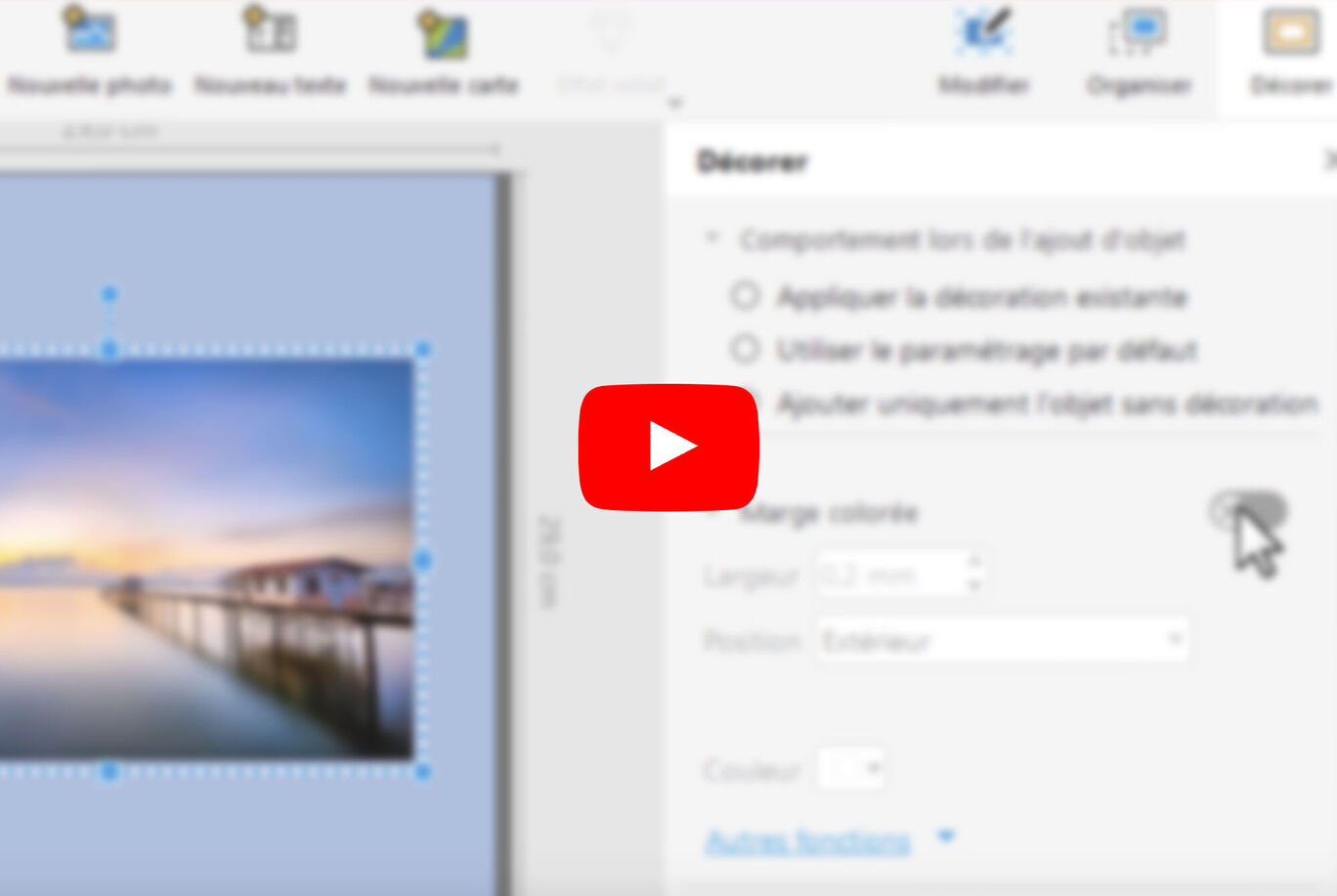 Capture d'écran d'un tutoriel vidéo montrant un logiciel de retouche photo. L'image montre un paysage et diverses options de retouche à l'écran.