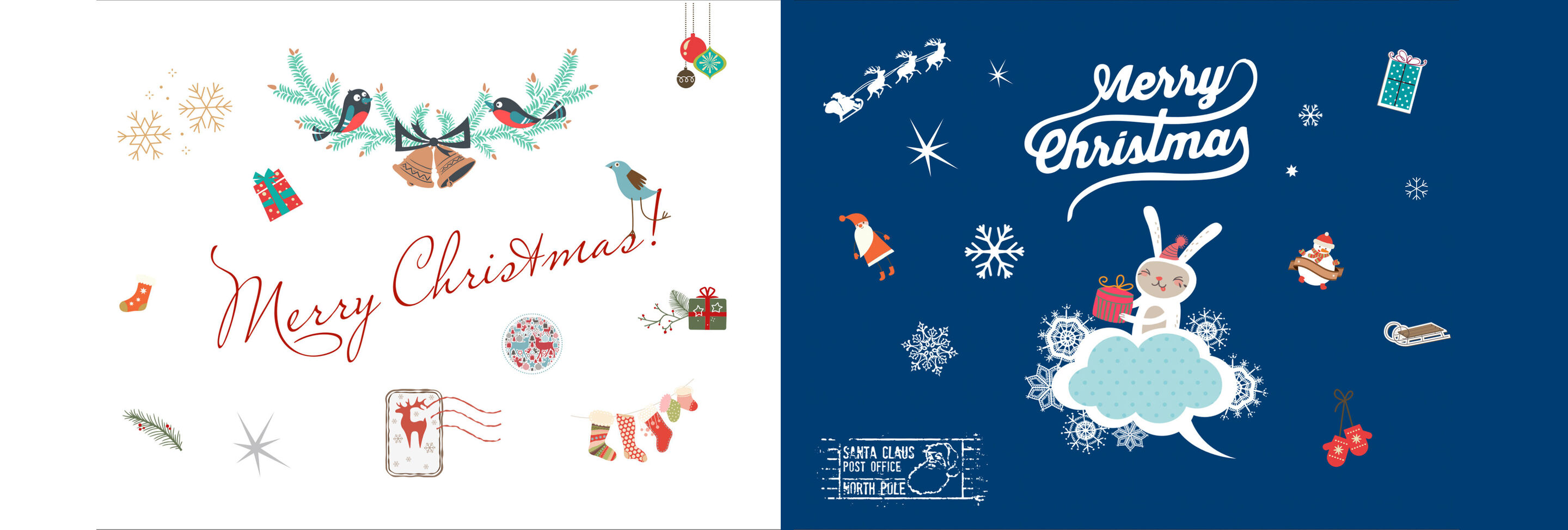Deux designs de cartes de Noël avec motifs colorés et inscriptions.
