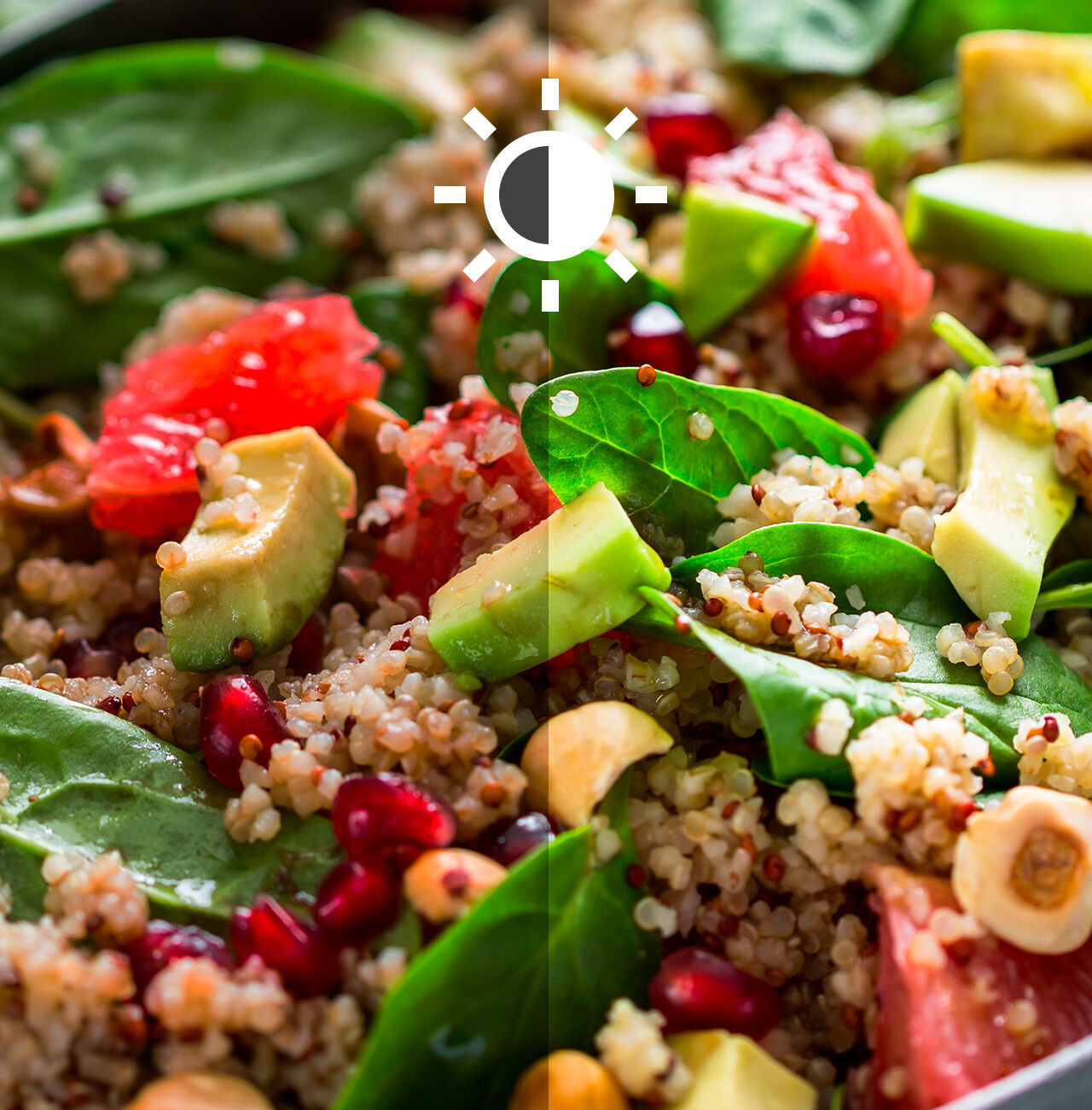 Salade de quinoa colorée avec légumes frais et grenade
