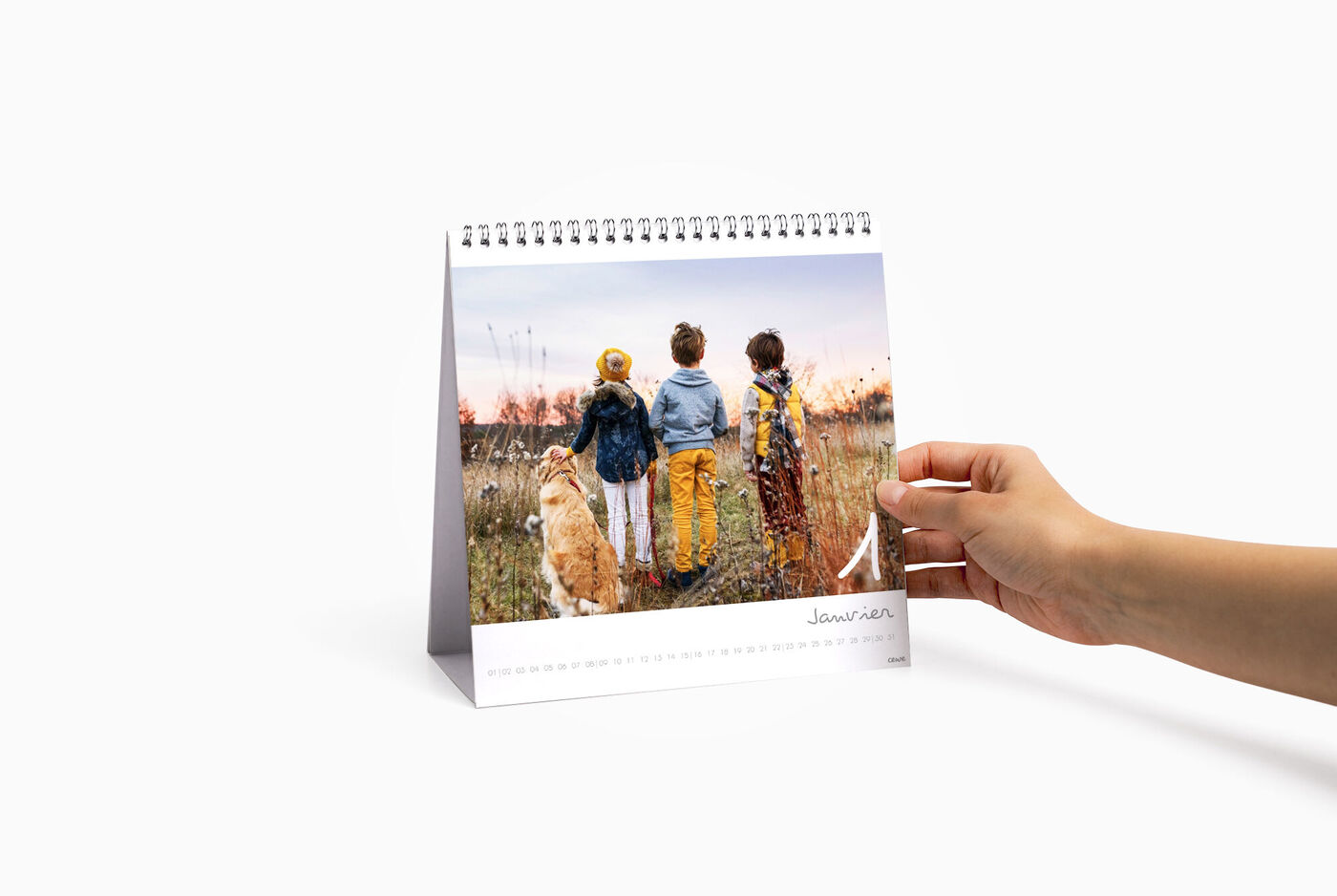 Une main tenant un grand calendrier photo de bureau, ouvert sur le mois de janvier avec une photo de 3 enfants et leur chien