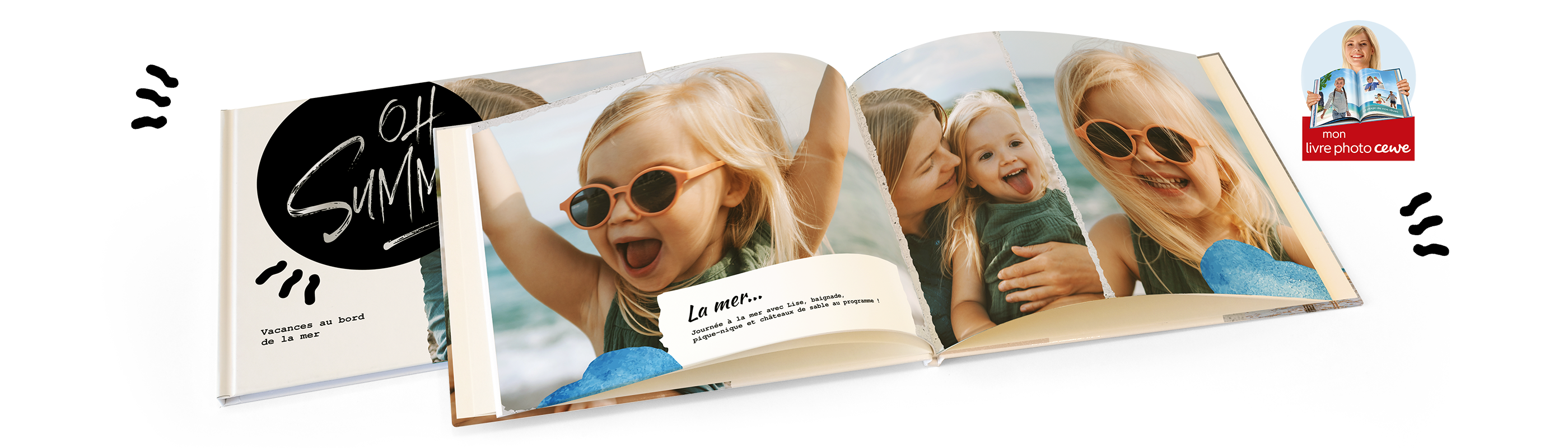 Un album CEWE ouvert avec des photos de vacances joyeuses et un design soigné