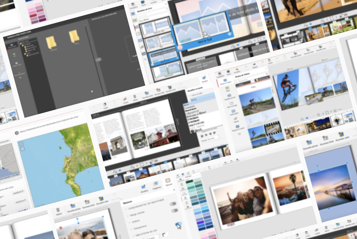 Différentes vues du programme de conception CEWE FOTOBUCH avec images et mises en page.
