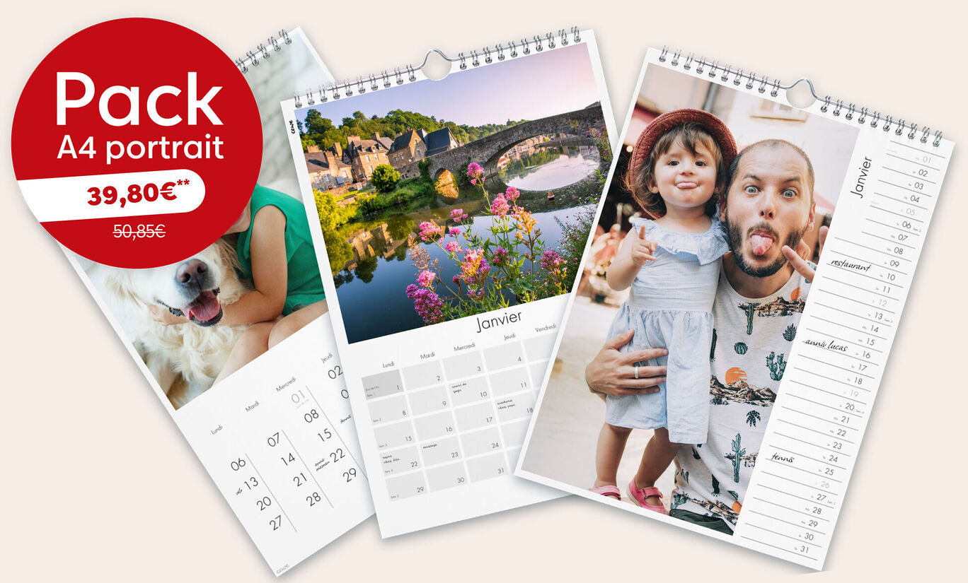 Pack de 3 calendriers photo muraux A4 portrait avec une offre à 39,80 € au lieu de 50,85 €