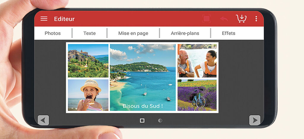 Un smartphone montre une interface de création d'album photo avec des images de paysages de vacances.
