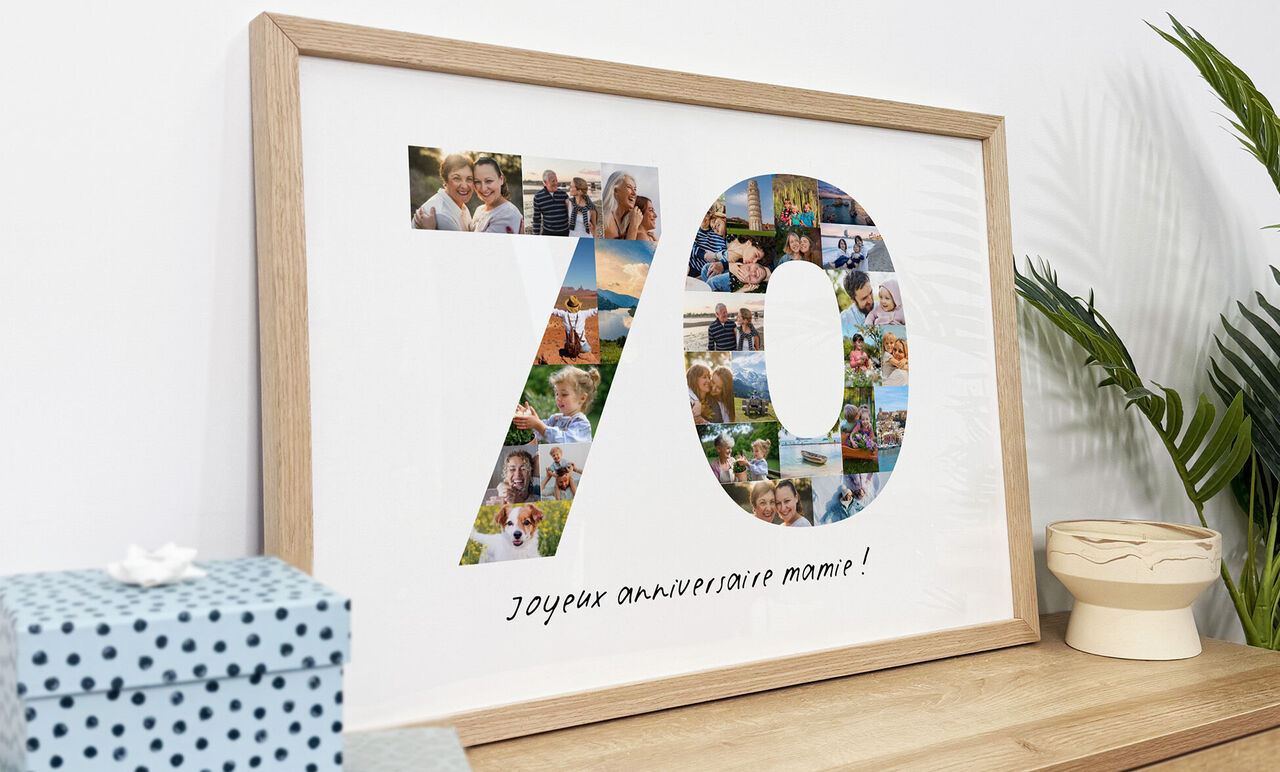 Affiche anniversaire personnalisée avec mosaïque de photos formant le nombre 70 dans un cadre en bois
