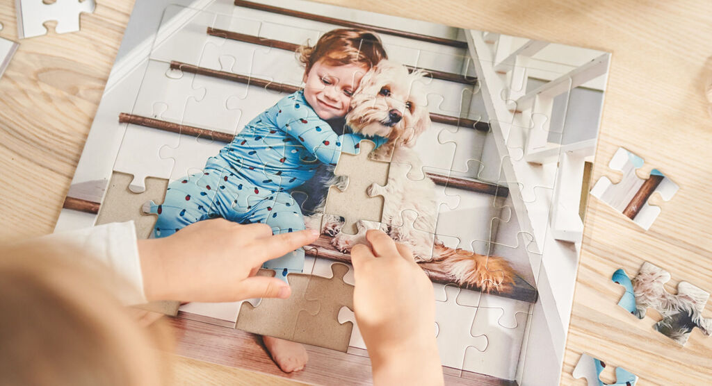 Un enfant résout un puzzle avec un chien sur un escalier