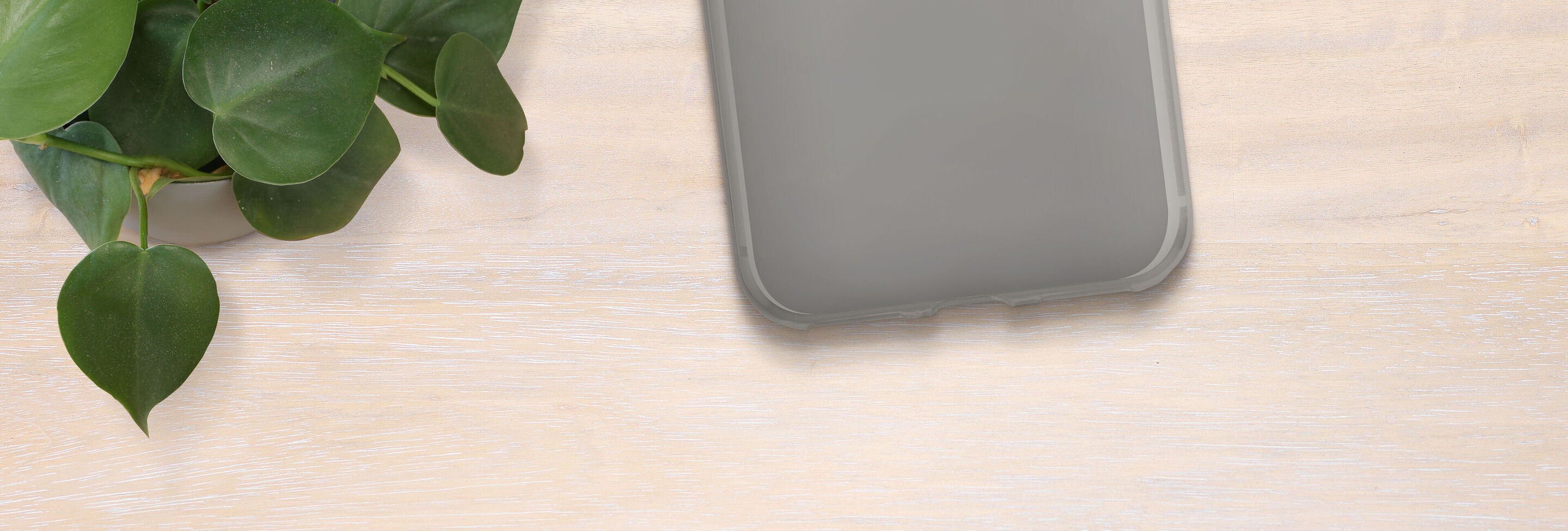 Housse de smartphone sur une table avec des plantes vertes.